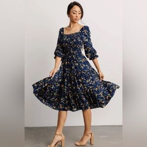 EUC - Baltic Born Navy Marta Smocked Midi Dress, Medium